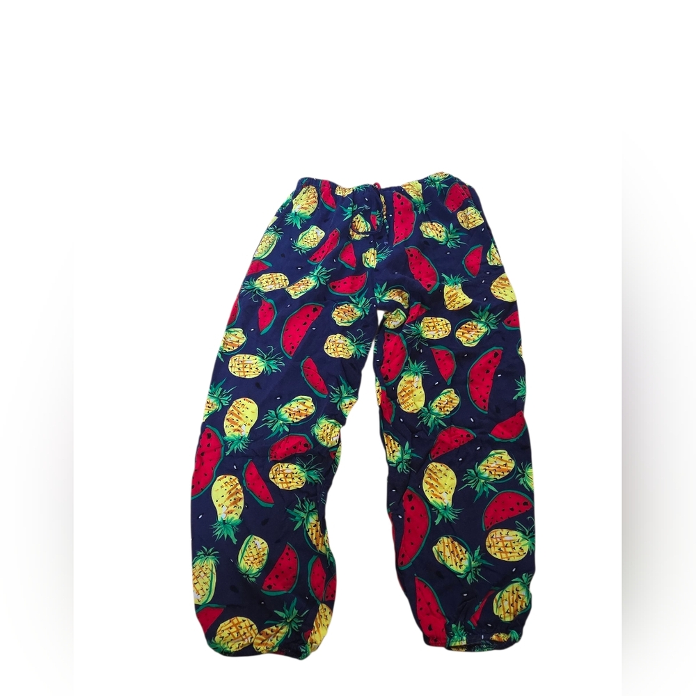 Blue Drawstring Pants With Watermelon & Pineapple Print Elastic Cuffs Size 1